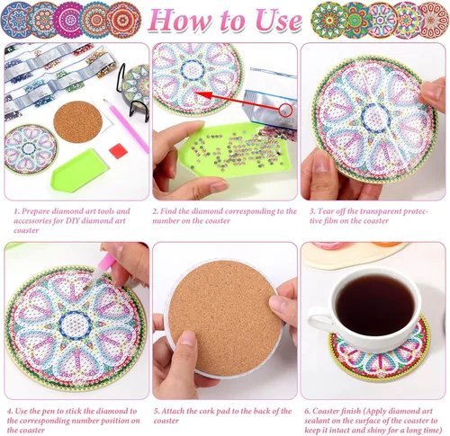 Miniatura 5 de Billbotk Kit de posavasos de pintura de diamantes, 10 posavasos de arte de diamantes con mandala, con soporte, manualidades y manualidades