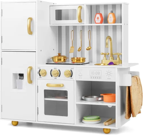 INFANS Juego de cocina para niños, juego de cocina de madera con luz y sonido realistas, estufa, fregadero, microondas, armario de almacenamiento,