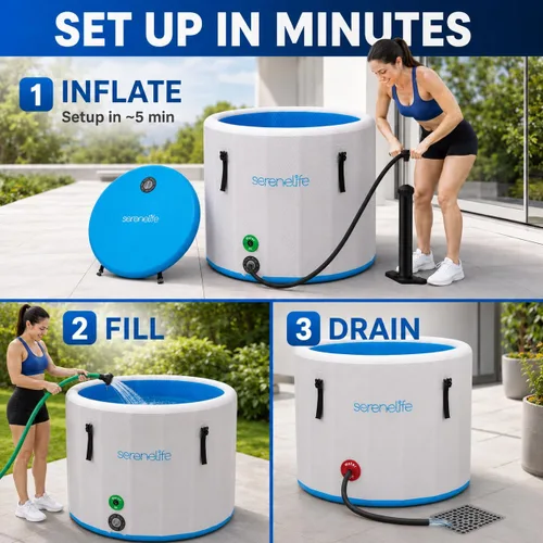 Miniatura 5 de SereneLife Bañera de hielo inflable para una persona, 85 galones con tapa, PVC de punto de caída, sellos de doble capa, inmersión fría resistente