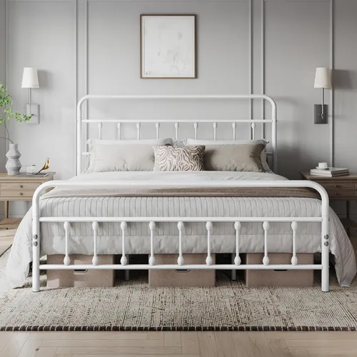 Yaheetech Base de cama clásica de metal con base de colchón con estilo victoriano, cabecera, estribo, almacenamiento debajo de la cama, no necesita