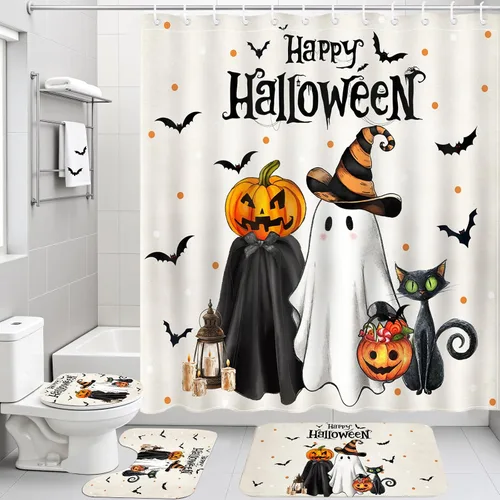 Miniatura 2 de Mocsicka Juego de cortinas de ducha de Halloween para baño, 4 piezas, fantasma, gato, calabaza, juegos de baño con alfombras antideslizantes