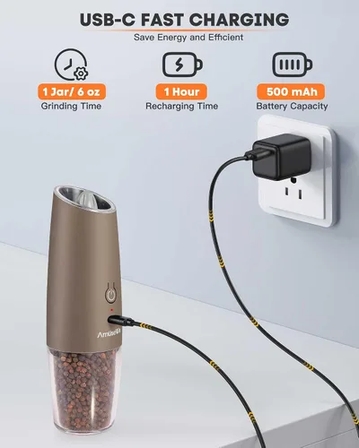 Miniatura 2 de AmuseWit Gravity - Juego de molinillo eléctrico de sal y pimienta [luz blanca] Molinos de pimienta y sal automáticos recargables por USB, grosor