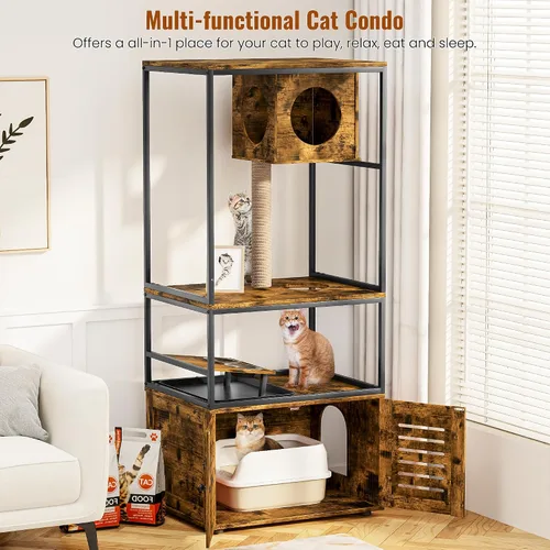 Miniatura 3 de Lamerge Árbol para gatos con caja de arena, caja de arena grande todo en 1, condominio para gatos con postes rascadores y cuenco de alimentación