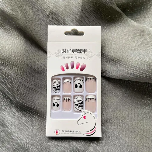 Miniatura 7 de Uñas postizas de punta francesa para Halloween, uñas postizas cortas cuadradas con diseños de parches de calavera, cobertura completa, uñas postizas