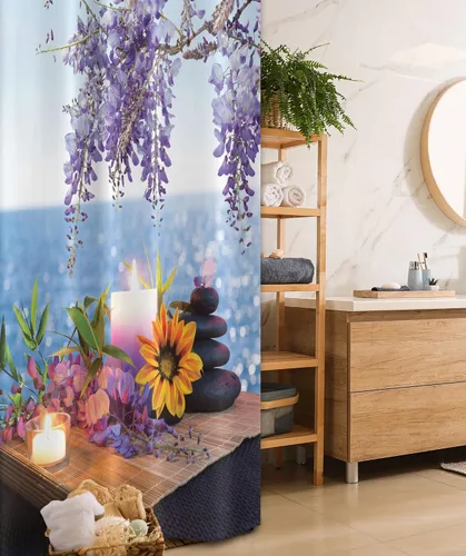 Miniatura 105 de set de cortina para baño decorativa de tela de poliéster con ganchos
