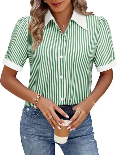 Miniatura 29 de Gleeivy Camisas de botones para mujer de manga corta abombada, camisas de vestir abotonadas con cuello ajustado, blusa superior de trabajo