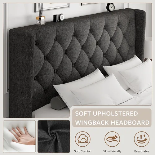 Miniatura 3 de iPormis - Base de cama tapizada de tamaño completo con cabecera capitonada con botones, base de cama tapizada con listones de madera sólidos, 20 cm