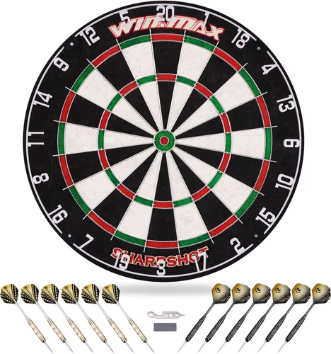 WIN.MAX Tablero de dardos con punta de acero para adultos, juego de dardos con punta de acero con 12 dardos de metal