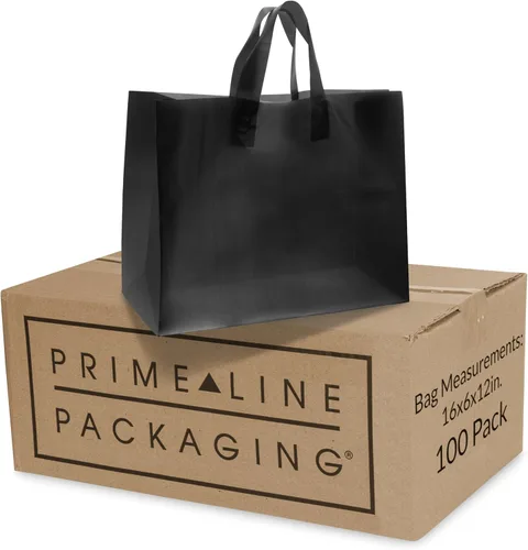 Miniatura 12 de Prime Line Packaging Bolsas de compras de plástico con asas para pequeñas empresas, bolsas negras esmeriladas, mercancía, venta al por menor