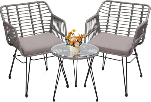 KROFEM - Juego de 3 piezas de muebles de mimbre para patio estilo bistró, incluye 2 sillas de ratán y mesa con tapa de vidrio, ideal para porche,