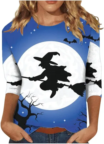 34 Sleeve Halloween Shirts for Women Cute Round Neck T-Shirt Tops Loose Graphic Tee 2023 Fashion Fall Clothes