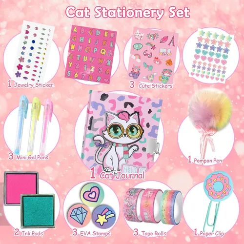 Miniatura 4 de Diario de gato para niñas con cerradura, juego de papelería de gato con diario secreto, sellos, bolígrafos, cuaderno de diario, regalos de Set