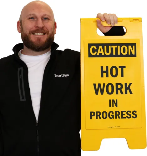 Miniatura 2 de SmartSign Letrero plegable de plástico con texto en inglés "Caution - Hot Work In Progress" de 25 x 12 pulgadas, color negro y amarillo Hot Work in