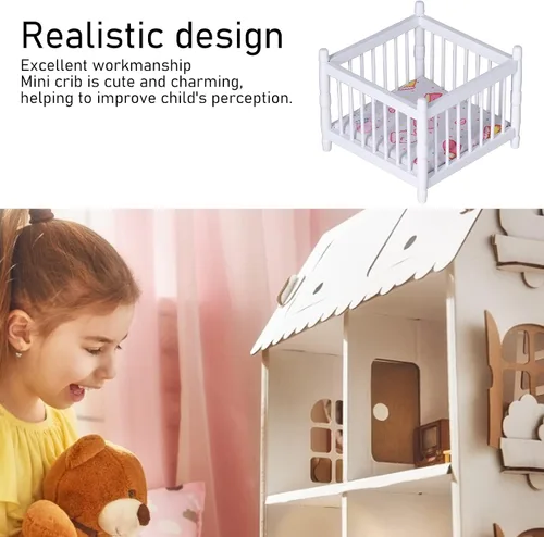 Miniatura 2 de Casa de muñecas de madera a escala 1:12, cama de bebé DIY, casa de muñecas en miniatura, mini accesorios de muebles con colchón, cama cuadrada