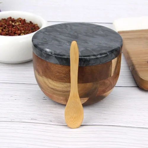 Miniatura 8 de Caja de Sal de Madera con Tapa de Mármol y Cuchara, Moderno Recipiente de Piedra Negra para Sal o Pimienta Azúcar Especias Condimentos, Contenedor