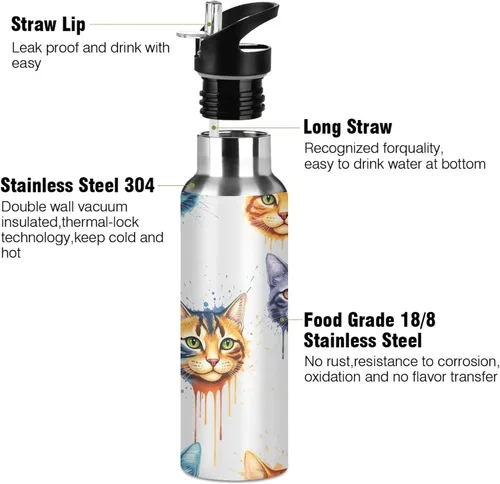 Miniatura 3 de Insulated Water Bottle 20 Oz, Leakproof Water Bottles for Gym Outdoor Travel School, Colorful Cats Tie Dye