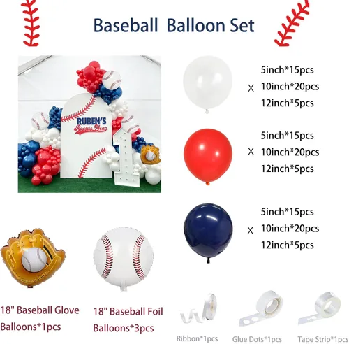 Miniatura 3 de Kit de guirnalda de arco de globos de béisbol, kit de guirnalda de arco de globos rojos, blancos y azules para fiestas deportivas, cumpleaños