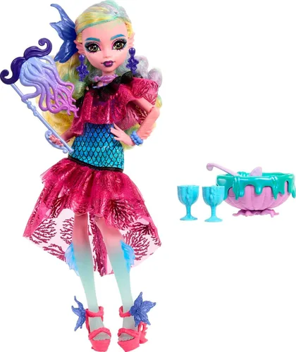 Miniatura 4 de Monster High Muñeca Monster Ball, Lagoona Blue en vestido de fiesta con accesorios temáticos que incluyen globos y ponchera