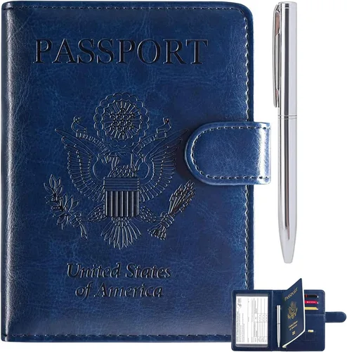 Miniatura 9 de RSAquar Soporte para pasaporte para mujeres y hombres, de piel sintética de alta calidad, cartera de pasaporte de viaje, con bloqueo RFID, cubierta