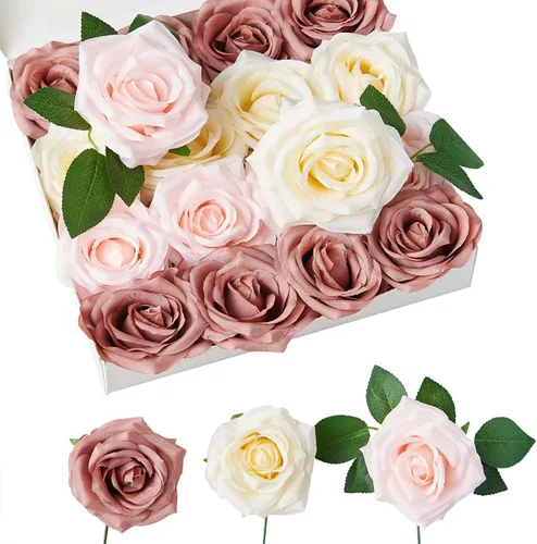Miniatura 11 de Rosas artificiales, rosas artificiales, rosa falsa de seda, flores falsas de aspecto real con tallos para ramos de boda, mesas, centros de mesa