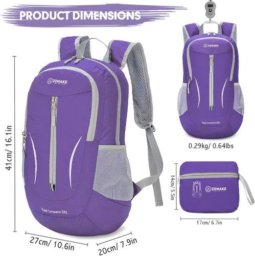 Miniatura 2 de ZOMAKE Mochila Empacable Ultraligera de 25L, Mochilas de Senderismo Plegables Resistentes al Agua Mochila Diurna Plegable Pequeña para Viajes Púrpura