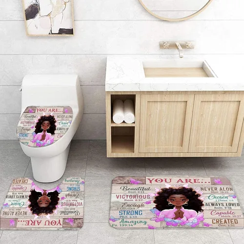 Miniatura 2 de NEWSUYAA Juego de 4 cortinas de ducha para niña negra con alfombras de baño, juego de 4 juegos de baño rústicos afroamericanos, cortinas