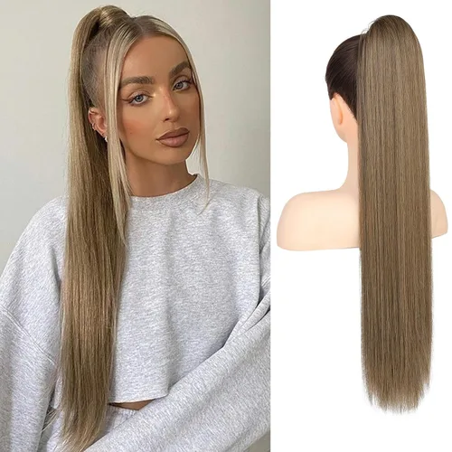 Miniatura 23 de Flufymooz - Extensión de cola de caballo de 26 pulgadas, extensiones de cabello con cordón y clip rectas, cola de caballo falsa natural suave