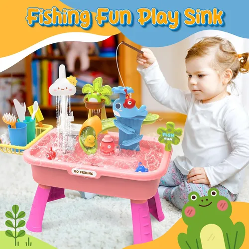 Miniatura 5 de Fregadero de Juego de 21" de Alto con Agua Corriente, Juguete de Fregadero de Cocina 4 en 1 para Niños con Grifo Eléctrico, Mini Mesa de Agua