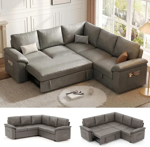 Miniatura 14 de Sofá Seccional Modular de 85 Pulgadas con Cama Extraíble, Sofá Cama Seccional en Forma de L de 5 Asientos con Almacenamiento, Sofás Seccionales