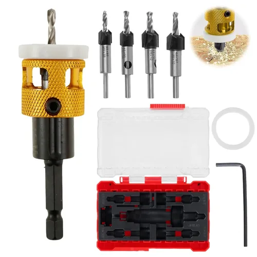 Juego de 5 brocas avellanadoras con tope de profundidad ajustable, kit de brocas avellanadas con punta de carburo de 82° con vástago hexagonal de