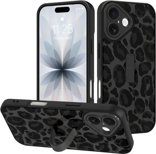 Miniatura 90 de Funda diseñada para iPhone 17 Pro Max con soporte plegable y correa para dedos, bonito patrón de lazo de corazón de flor rosa para mujeres y niñas