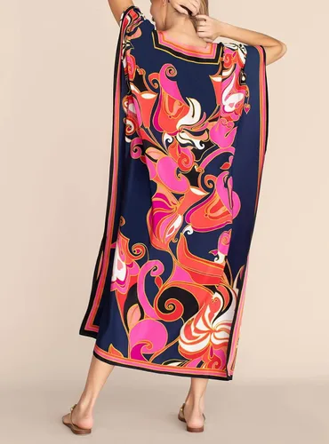 Miniatura 2 de Cashew Flower Silk Caftan Women Vneck beach Cover up Caftans Loose Plus Size Floral Print Side Split Kaftan Dresses