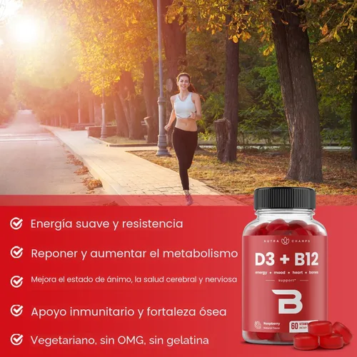 Miniatura 4 de NutraChamps Vitamina D3 y B12, Gomitas de Metil B12 para Adultos y Niños, Enriquecidas con Vitamina D 3 y Folato de Vitamina B9, Energía Natural
