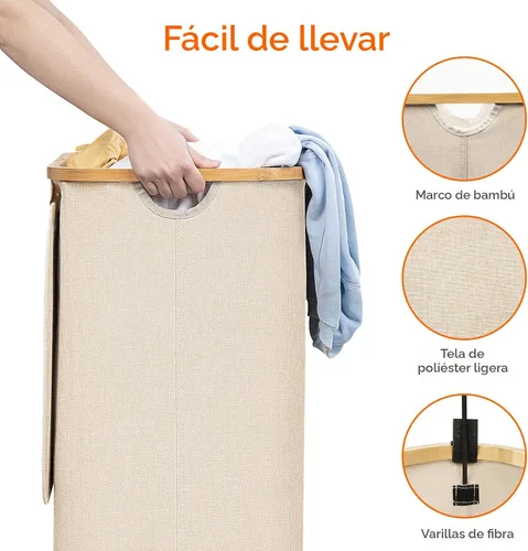 Miniatura 6 de Lifewit Cesta de lavandería de 80 litros con tapa, cestas de ropa para lavandería con asas de bambú y una bolsa de lavandería extraíble, cesta