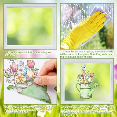 Miniatura 7 de Whaline 106 calcomanías de PVC reutilizables para ventana de primavera, acuarela, gnomo, mariposa, flores, calcomanías de PVC reutilizables
