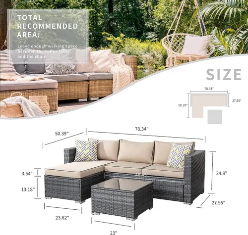 Miniatura 2 de SUNLEI Sofá seccional de patio de 3 piezas, juego de muebles de patio con cojines suaves desmontables, juego de sofá de conversación de mimbre