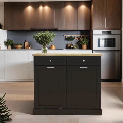 Miniatura 4 de RASOO Gabinete de basura de doble inclinación hacia fuera, cesta de lavandería independiente de madera con 2 cajones, cubo de basura de cocina