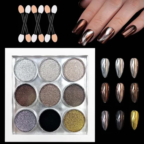 Polvo de uñas cromado, 9 colores, efecto espejo metálico, champán, cromado, pigmento para arte de uñas, purpurina ultrafina, cromada, arte de uñas,