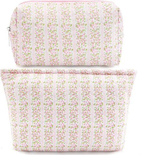 Miniatura 13 de 2 bolsas de maquillaje acolchadas de algodón para viaje, bolsa grande y pequeña para mujeres, bolsas de maquillaje de coqueta floral, bonita bolsa