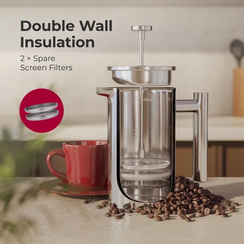Miniatura 5 de MuellerLiving - Cafetera de prensa francesa MuellerLiving de 20 oz, prensa francesa de café de acero inoxidable, 4 filtros resistentes al calor