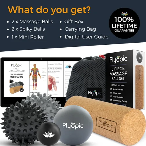 Miniatura 2 de Juego de bolas de masaje – Kit completo de 5 piezas: Spiky, Lacrosse y mini bolas de precisión + rodillo – Fascitis plantar, arco del pie y alivio