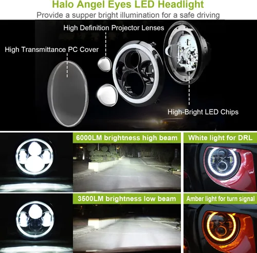Miniatura 6 de Faro delantero redondo CREE de 7 pulgadas con anillo de halo de ojos de ángel, 2 piezas de 6000 lúmenes de haz alto y bajo, luz para todo terreno