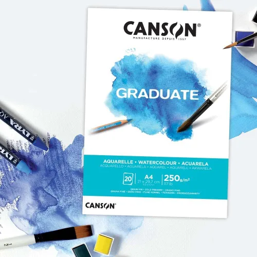 Miniatura 2 de CANSON Acuarela Graduate A5 Papel A5 de 8.82 oz/m², prensado en frío, lado corto pegado, 20 hojas blancas naturales, ideal para estudiantes artistas