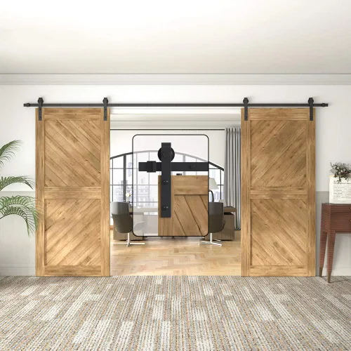 Miniatura 8 de WINSOON Kit de herrajes para puerta corrediza doble de granero para puertas dobles, armario de madera, superficie negra, estilo antiguo