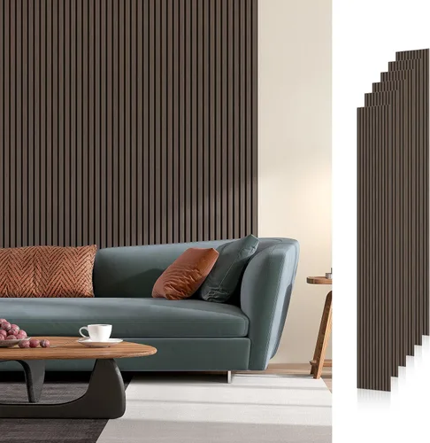 Miniatura 18 de Paquete de 6 paneles de pared de madera acústica, 94.5 x 8 pulgadas cada uno panel de pared insonorizado, paneles de listones de madera estriada 3D