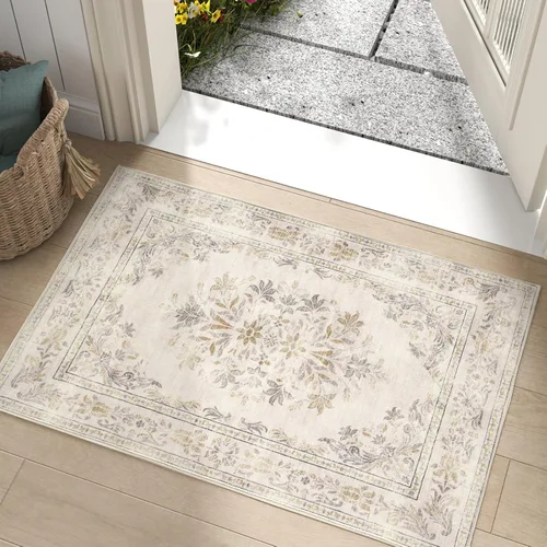 Miniatura 64 de Jinchan Fiora - Alfombra redonda de 8 pies, alfombras vintage con diseño floral envejecido, lavable a máquina, antideslizante, de pelo bajo, Azul