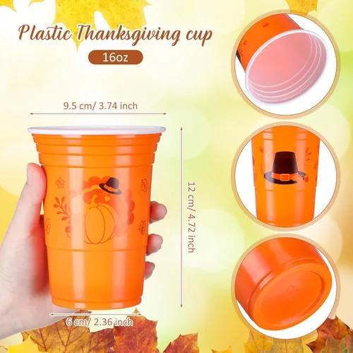 Miniatura 4 de Sliner 60 vasos de plástico de 16 onzas para Acción de Gracias, suministros para fiesta de Acción de Gracias, vasos desechables de color naranja