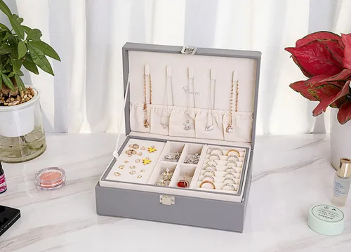 Miniatura 4 de Voova - Joyero organizador para mujeres y niñas, 2 capas de almacenamiento de joyas grandes para hombres, soporte para joyas de piel sintética