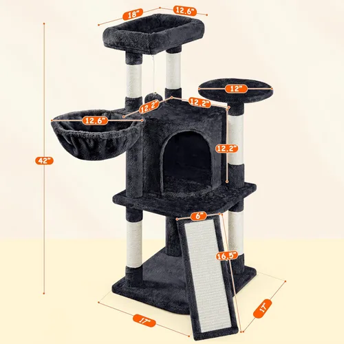 Miniatura 3 de Yaheetech Árbol para gatos, torre para gatos de 42 pulgadas para gatitos de interior, casa de juegos para mascotas con percha grande y postes Negro