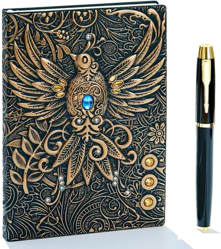 Miniatura 10 de Diario de escritura vintage de piel en relieve 3D Phoenix con juego de bolígrafos dorados, tamaño A5, 200 páginas, cuaderno de bocetos antiguo hecho